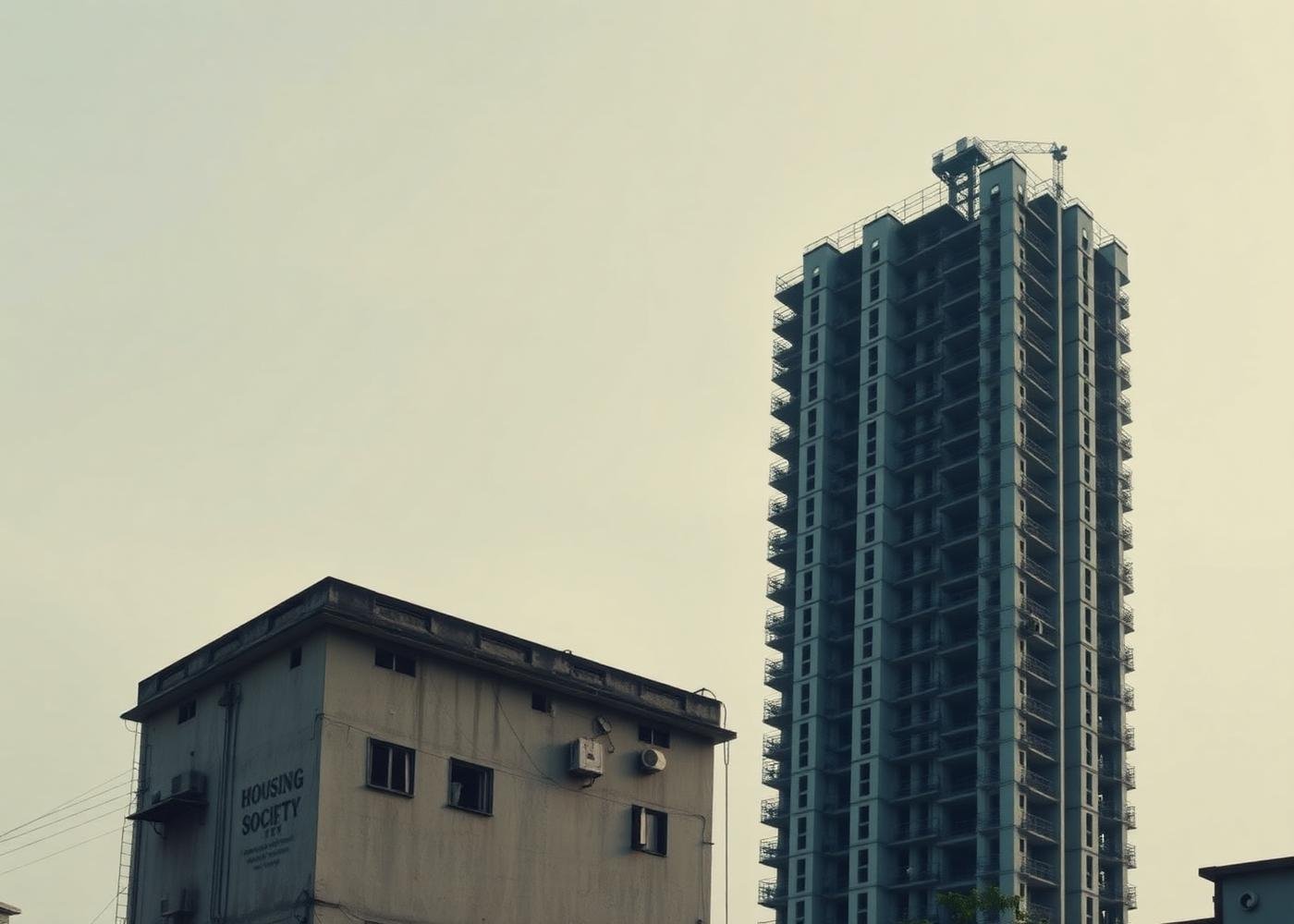 An older housing society beside a new tower under construction